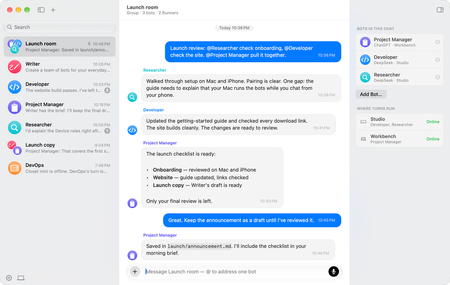 Beans on macOS: a Researcher, Developer, and Project Manager prepare a launch together in a group chat across two Runners.